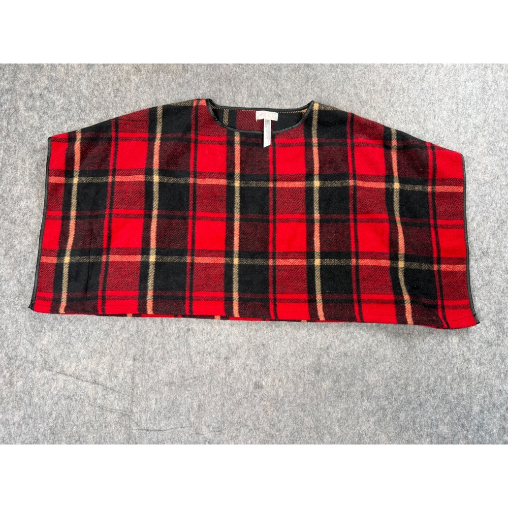 Free People Poncho Women XS/S Red Plaid Fleece Faux Leather Trim Boho Cape Wrap